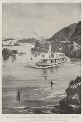 Der Vormarsch nach Dongola, das Kanonenboot Matemmeh passiert den zweiten Katarakt des Nils